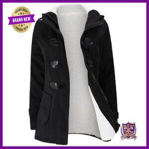 Womens Fleece Hooded Winter Jacket Horn Button Coat Medium Warm